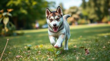 Adorable puppy runs joyfully across a sunny park, showcasing its playful spirit and fluffy coat photo