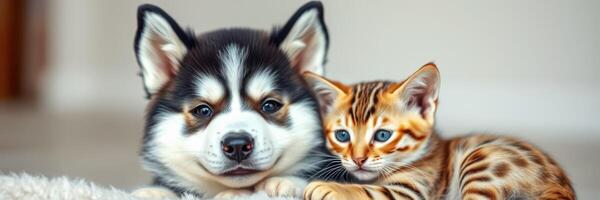 Cute puppy and kitten cuddling together on a soft blanket indoors photo