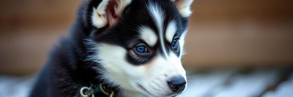 Cute husky puppy with striking blue eyes looking curiously outdoors on a sunny day photo
