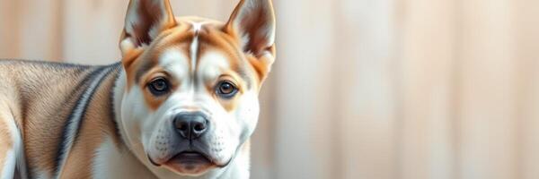 Playful dog with distinct markings looking curiously at the camera in a soft natural light setting indoors photo