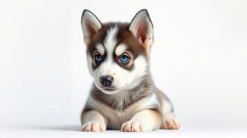 Cute husky puppy with unique markings resting on a neutral background, showcasing its adorable features and playful nature photo