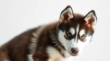 Brown and white husky puppy sitting attentively in a light backdrop during a calm indoor session photo