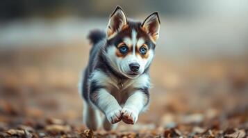 Playful husky puppy running joyfully through a forest of autumn leaves on a sunny day photo