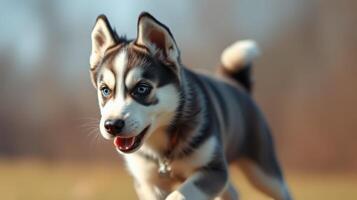 Energetic husky puppy joyfully running in a sunny outdoor field during golden hour photo
