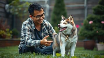 Man enjoys playful moment with his happy dog in a lush garden on a sunny day photo