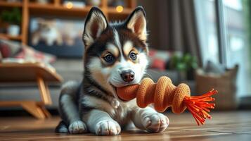Cute husky puppy playing with an orange toy in a cozy living room setting during the afternoon photo