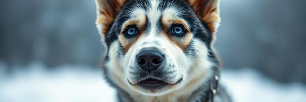 Cool husky with striking blue eyes sits in a snowy landscape on a winter day photo