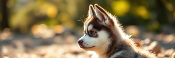 Cute husky puppy sits in soft sunlight surrounded by nature during a calm afternoon photo