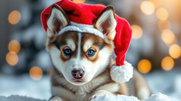 Cute puppy in festive holiday hat poses against a blurred background of lights and snow photo
