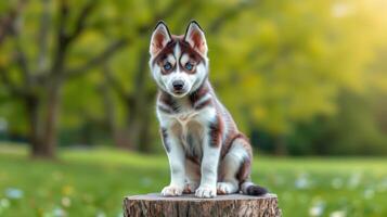 Cute husky puppy sits on a log in a sunny park surrounded by trees and flowers during a warm afternoon photo