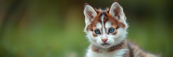 Curious kitten explores a lush garden on a sunny day, showcasing its playful and inquisitive personality photo