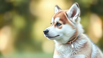 Adorable puppy with fluffy fur sitting outdoors on a sunny day, showcasing curiosity and playfulness in a natural setting photo