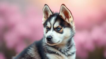 Cute husky puppy poses against a backdrop of pink flowers during springtime at a park photo