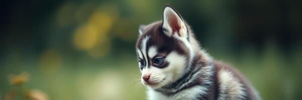 Husky puppy sits on grass in a lush garden, showcasing its playful nature and beautiful fur in the warm afternoon light photo