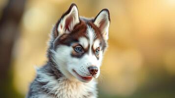 Playful husky puppy enjoying warm sunlight outdoors in a serene natural setting during golden hour photo