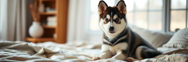 Playful husky puppy relaxing on a bed in a cozy room with natural light streaming through the curtains photo