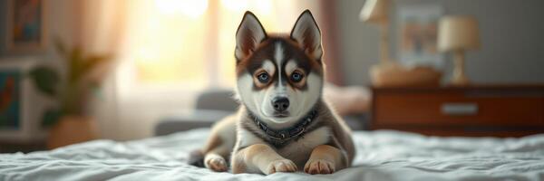Playful puppy resting on a cozy bed with soft lighting in a modern home interior photo