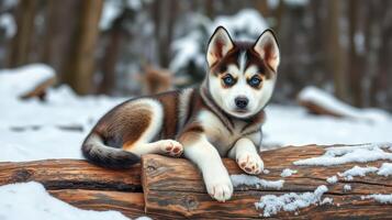 Playful husky puppy enjoying winter in the snowy forest, resting on a log surrounded by trees and soft white snow photo