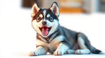 Happy husky puppy lounging indoors on a bright, sunny day with a playful expression photo