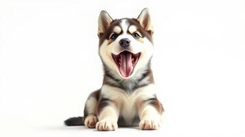 Happy fluffy dog sitting and smiling against a plain background in a cheerful indoor setting photo