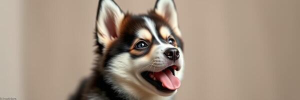 Playful dog sits with a happy expression, showcasing its fluffy fur and attentive gaze in a cozy indoor setting photo