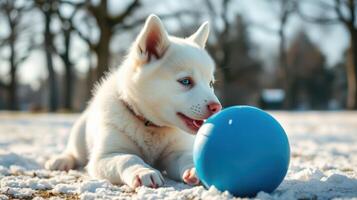 White puppy playing with a blue ball in a snowy park during winter photo