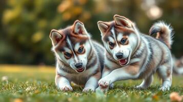 Two playful husky puppies running in a sunny park with grassy background photo
