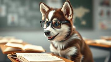 Dog wearing glasses in classroom during a learning session with open books on the desk photo