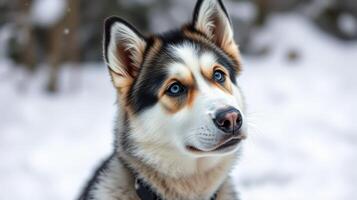 Beautiful husky sitting in snow with bright blue eyes and distinct coat patterns photo