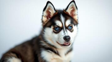 Cute husky puppy with distinct fur pattern and expressive blue eyes looking at the camera indoors photo
