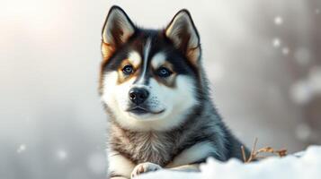 Siberian husky puppy relaxing in the snow on a calm winter day in a serene outdoor setting photo