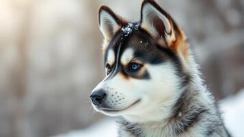 Beautiful husky dog standing in the snow during winter with a serene expression and snowflakes on its fur photo