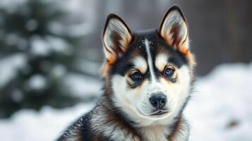 Beautiful husky sits gracefully in a snowy landscape surrounded by trees on a bright winter day photo