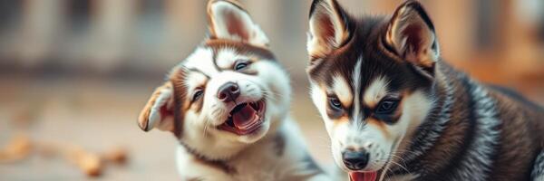 Two playful husky puppies enjoying a sunny day outdoors in a cozy backyard with wooden flooring photo