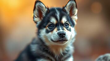 Cute husky puppy with striking fur pattern resting during golden hour in a cozy outdoor setting photo