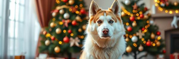 Dog sitting in front of decorated Christmas trees with glowing lights and presents during holiday season photo