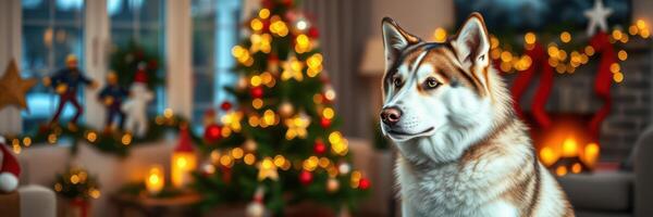 Siberian Husky in a festive living room decorated for Christmas with a glowing tree and warm ambiance photo