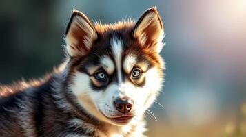 Siberian husky puppy with striking blue eyes playing in a sunny outdoor setting during late afternoon photo