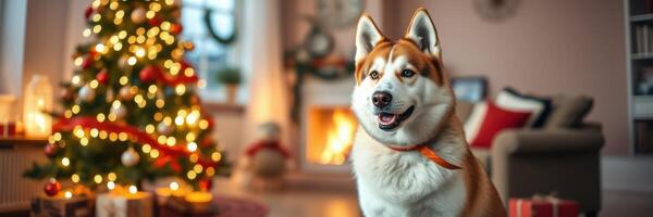 Joyful dog sitting by a decorated Christmas tree beside a cozy fireplace during a festive celebration photo