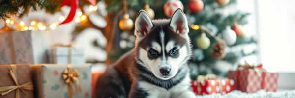 Festive puppy in front of a decorated Christmas tree with presents around photo