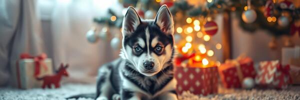 Cute husky puppy sitting in front of a decorated Christmas tree with gifts in a cozy living room photo