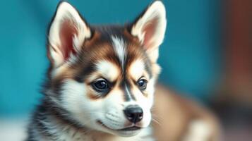 Cute puppy with striking fur pattern relaxes in cozy indoor setting during afternoon light photo