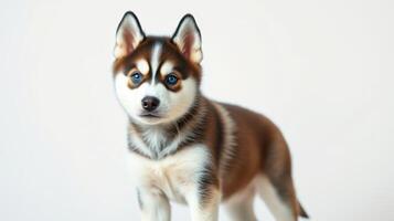 Cute husky puppy standing and looking curiously with bright blue eyes in a well-lit indoor setting photo