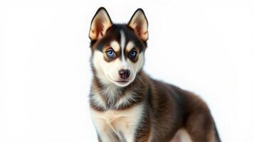 Beautiful husky puppy with striking blue eyes posed against a plain background during a calm afternoon photo