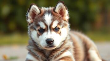 Cute puppy with striking fur patterns playing outdoors in a lush garden setting during the afternoon photo
