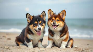 Two playful corgi puppies enjoying a sunny day at the beach near the water's edge photo