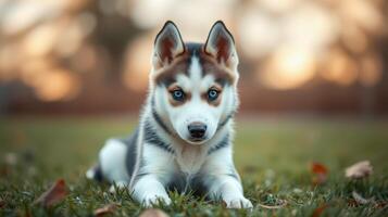 Playful husky puppy resting on grass during golden hour in a park photo