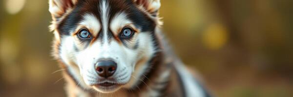 Siberian husky puppy with striking blue eyes posing in a natural outdoor setting during golden hour photo
