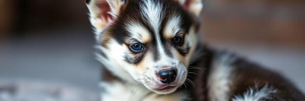 Cute husky puppy sitting on a soft surface, showcasing its distinctive fur pattern and curious expression photo
