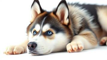 Siberian husky relaxing on a white surface with striking blue eyes and a beautiful coat photo